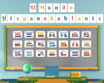 Spanish-Speaking Countries w/ Flags, Maps Printable Poster Set ~ Variations Included ~ Classroom Decor, Bulletin Board ~ Muted Color Palette