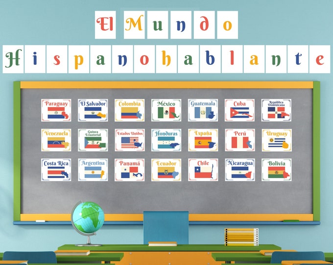 Spanish-Speaking Countries w/ Flags, Maps Printable Poster Set ~ Variations Included ~ Classroom Decor, Bulletin Board ~ Muted Color Palette