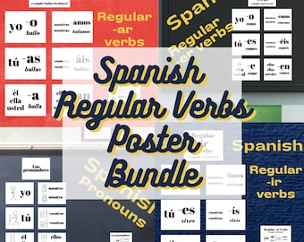 Spanish Regular Verbs Printable Poster Bundle: Pronouns + -er verbs + -ir verbs + -re verbs with handouts ~ Classroom Bulletin Board Display