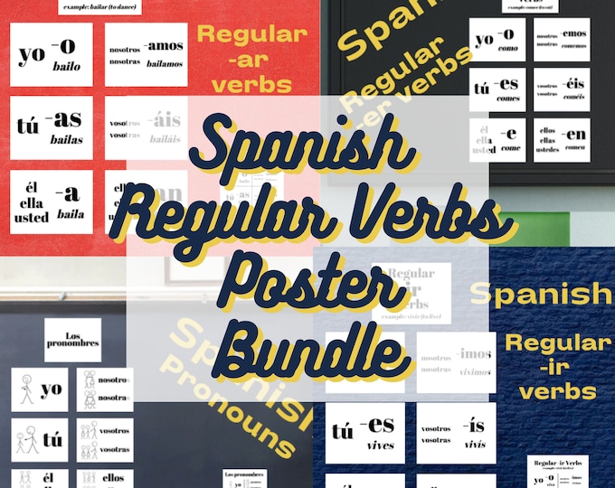 Spanish Regular Verbs Printable Poster Bundle: Pronouns + -er verbs + -ir verbs + -re verbs with handouts ~ Classroom Bulletin Board Display