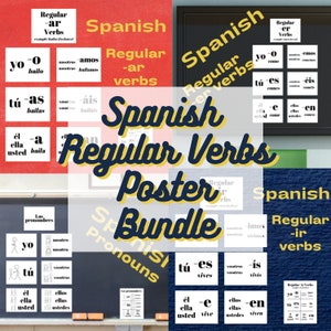 Spanish Regular Verbs Printable Poster Bundle: Pronouns + -er verbs + -ir verbs + -re verbs with handouts ~ Classroom Bulletin Board Display