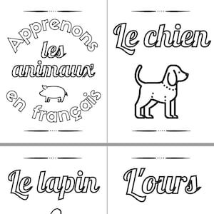 Puede incluir: Una ilustración en blanco y negro de un cerdo, un perro, un conejo y un oso. El texto 'Apprenons les animaux en français' está en la parte superior de la imagen. Los textos 'Le chien', 'Le lapin' y 'L'ours' están debajo de cada animal.