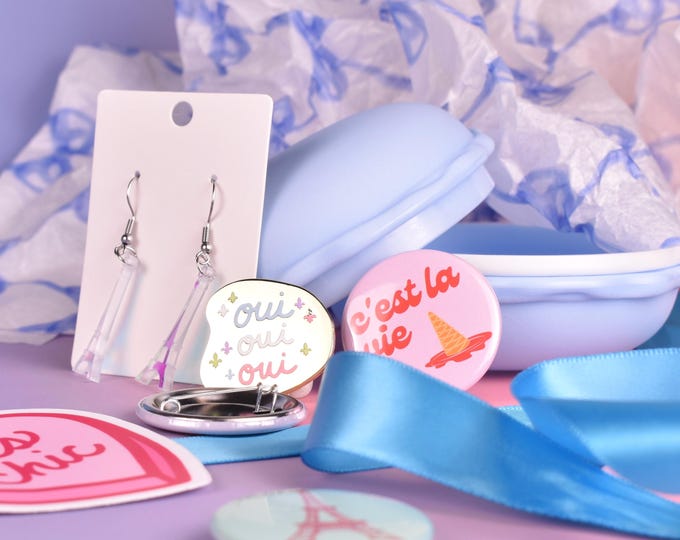 French-Themed Surprise Gift Bundle ~ Macaron Case + Jewelry, Stickers, Enamel Pin, Pinback Button, Magnet ~ Eiffel Tower, Pastels, Earrings