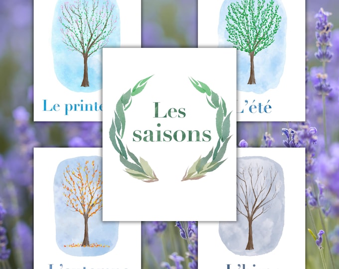 French Seasons Vocab: Printable Poster Set ~ Watercolor Trees ~ Instant Downloadable ~ Preschool, Elementary ~ Classroom Display, Decor