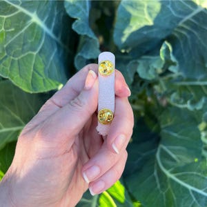 Peut inclure: Une &eacute;pingle en &eacute;mail rose clair avec des d&eacute;tails dor&eacute;s. L'&eacute;pingle rectangulaire comporte deux attaches dor&eacute;es. L'&eacute;pingle est pr&eacute;sent&eacute;e devant un fond de feuilles vertes.