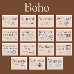 May include: A set of 12 beige and brown cards with Spanish and English phrases for travelers. The cards feature illustrations and text such as "Lo siento" (Sorry), "No entiendo" (I don't understand), "Ya termin&eacute;" (I'm done), and "&iquest;C&oacute;mo?" (What was that?).
