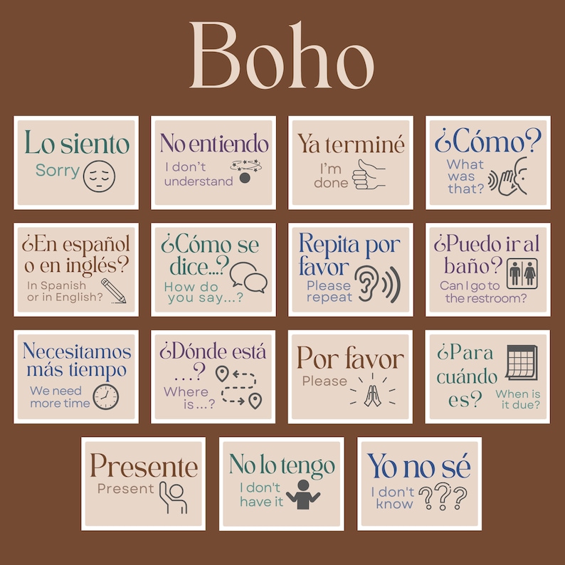 May include: A set of 12 beige and brown cards with Spanish and English phrases for travelers. The cards feature illustrations and text such as "Lo siento" (Sorry), "No entiendo" (I don't understand), "Ya termin&eacute;" (I'm done), and "&iquest;C&oacute;mo?" (What was that?).