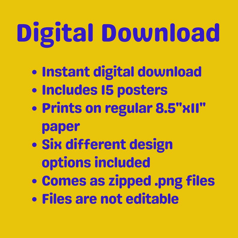 Puede incluir: Descarga digital de 15 p&oacute;sters imprimibles en seis dise&ntilde;os diferentes. Los p&oacute;sters est&aacute;n dise&ntilde;ados para papel est&aacute;ndar de 21,6 cm x 27,9 cm y se entregan como archivos .png comprimidos. Los archivos no son editables.