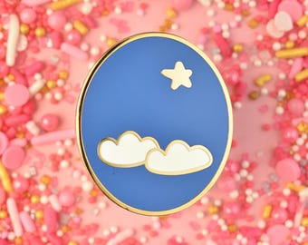 Blue Sky Enamel Pin with Star and White Clouds, Gold Finish ~ Playful Gift, Cute, Kawaii ~ Traveler, Airplane Window