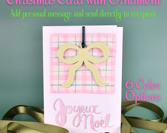 Christmas Card & Ornament ~ Personal Message ~ Plaid, Script w/ Acrylic Bow ~ Joyeux Noël French ~ Coquette, Pastel, Aesthetic, Cute, Pink