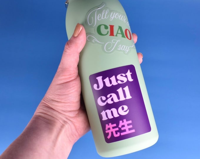 Sticker: "Just call me 先生" ~ "Just call me sensei" or "teacher" in Japanese ~ Vinyl, Purple, Pink, 3", Kanji ~ Waterproof ~ Water Bottle