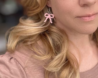 Bow Dangle Earrings, Engraved Acrylic w/ Silver-Color French Hook ~ Hypoallergenic ~ Ballet Pink, Pastel Blue, Lavender Purple ~ Coquette