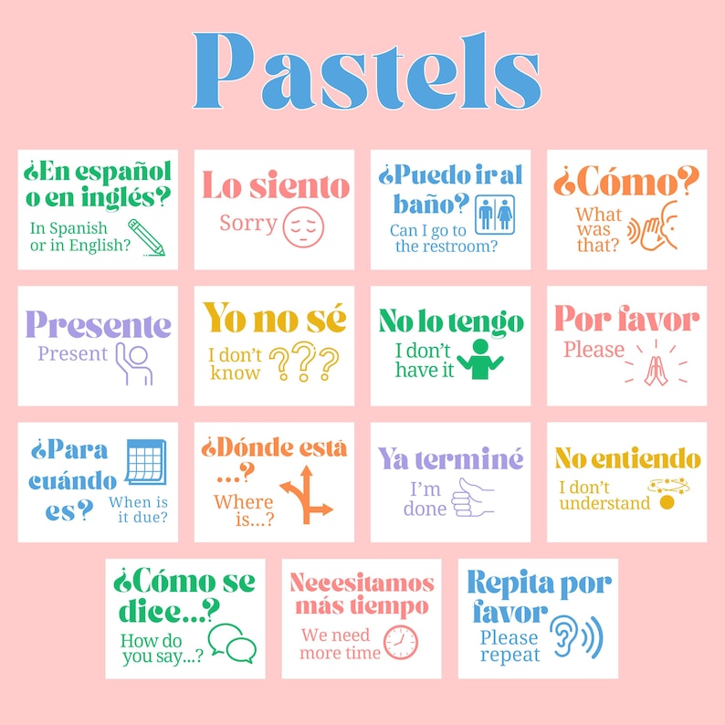 Puede incluir: Un conjunto de 12 tarjetas de memoria coloridas con frases en espa&ntilde;ol y sus traducciones al ingl&eacute;s. Cada tarjeta presenta una frase diferente, como "Lo siento" (Lo siento), "&iquest;Puedo ir al ba&ntilde;o?" (&iquest;Puedo ir al ba&ntilde;o?), y "&iquest;C&oacute;mo?" (&iquest;Qu&eacute; fue eso?).