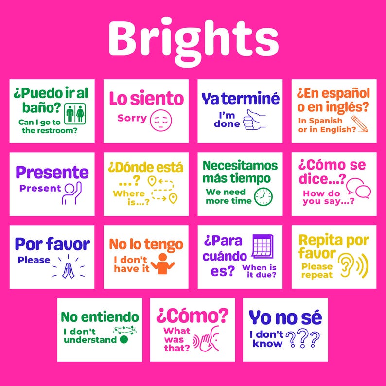 Puede incluir: Un conjunto de 12 tarjetas de memoria coloridas con frases en espa&ntilde;ol y traducciones al ingl&eacute;s. Las tarjetas de memoria presentan varios iconos e ilustraciones, como una puerta de ba&ntilde;o, un reloj, una mano y un signo de interrogaci&oacute;n. Las tarjetas de memoria est&aacute;n dise&ntilde;adas para ayudar a los estudiantes a comunicar frases b&aacute;sicas en espa&ntilde;ol.