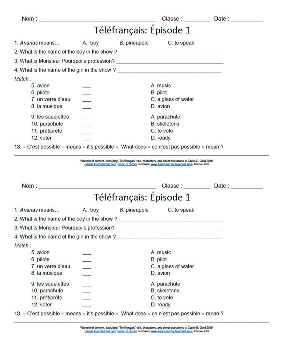 worksheets for telefrancais beginning french video series etsy australia