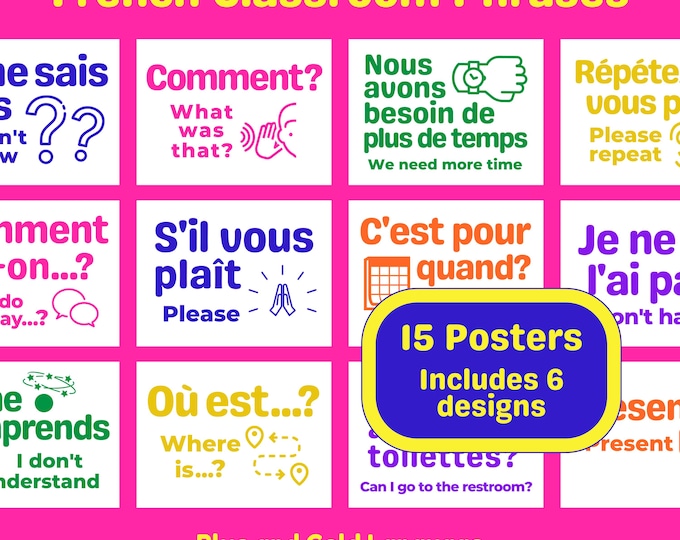 French Downloadable Posters: Classroom Phrases ~ Bright Colorful Rainbow ~ Language, Français, Learning ~ Visual, Display, Bulletin Board