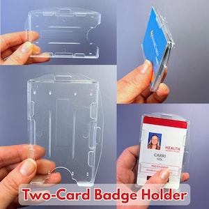 Badgehouder voor twee kaarten ~ Doorzichtig mat plastic ~ Verticaal EN horizontaal ~ Geschikt voor twee identiteitsbewijzen of kaarten ~ Dubbel, gebruik met sleutelkoord, stijf, hard