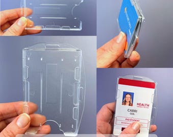 Two-Card Badge Holder ~ Clear Frosted Plastic ~ Vertical AND Horizontal ~ Holds Two IDs or Cards ~ Double, Use with Lanyard, Rigid, Hard