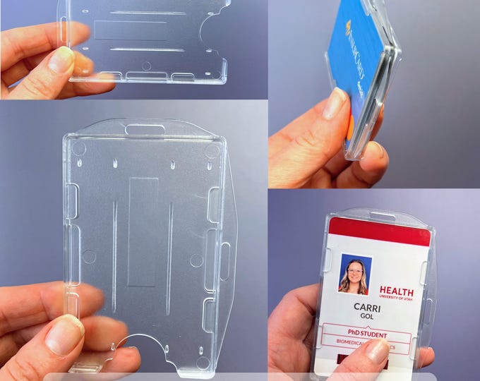 Two-Card Badge Holder ~ Clear Frosted Plastic ~ Vertical AND Horizontal ~ Holds Two IDs or Cards ~ Double, Use with Lanyard, Rigid, Hard