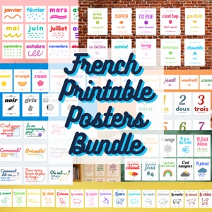 Paquete de pósteres PDF en francés: Frases en el aula + Citas del padre + Reacciones del padre + Clima + Números + Colores + Animales + Días de la semana + Meses