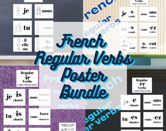 French Regular Verbs Printable Poster Bundle ~ Conjugations & Pronouns ~ -er verbs + -ir verbs + -re verb ~ Classroom Bulletin Board Display