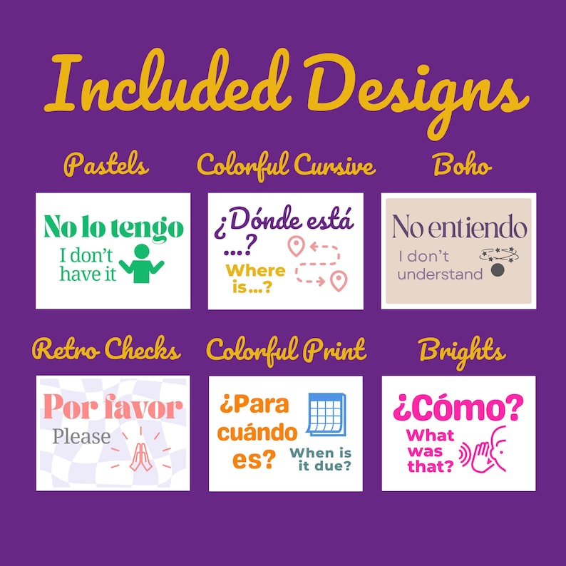May include: A colorful chart with 10 Spanish phrases and their English translations. The phrases are organized into 5 categories: Pastels, Colorful Cursive, Boho, Retro Checks, Colorful Print, and Brights. Each phrase is displayed on a square with a different background color and design.
