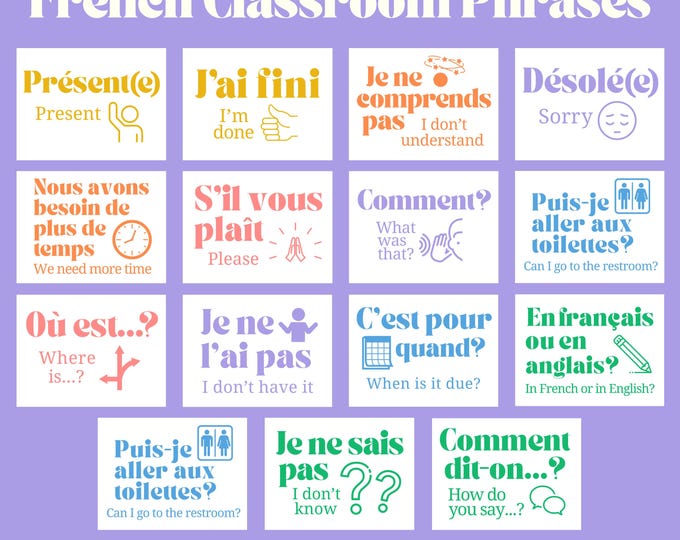French Classroom Phrases Printable Poster Set ~ Pastels, Rainbow, Colorful, Retro, Groovy ~ Bilingual, Bulletin Board, Wall Art, Display