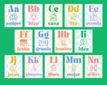 Spanish Alphabet Printable Poster Set ~ Retro Checks, Checkerboard, Pastels ~ Classroom Decor, Class Display, Bulletin Board, Decoration