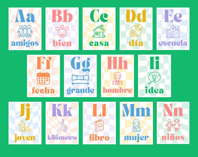 Spanish Alphabet Printable Poster Set ~ Retro Checks, Checkerboard, Pastels ~ Classroom Decor, Class Display, Bulletin Board, Decoration