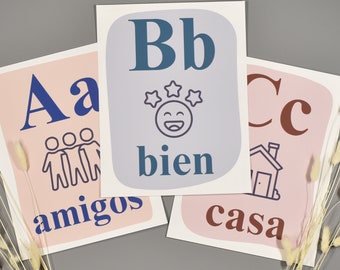 Spanish Language Alphabet Printable Poster Set ~ Boho Colors / Neutrals ~ Modern Style ~ High-Frequency Words ~ Classroom Decor, Display