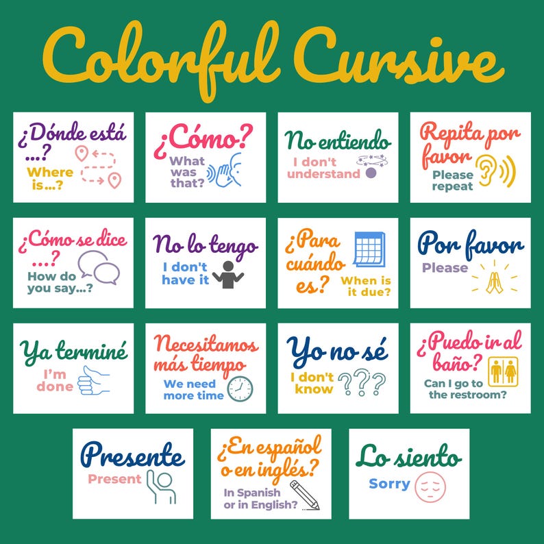 Puede incluir: Cartas de colores con frases en espa&ntilde;ol y traducciones al ingl&eacute;s. Cada carta tiene un color diferente y una ilustraci&oacute;n simple. Las frases incluyen saludos, preguntas y expresiones comunes.