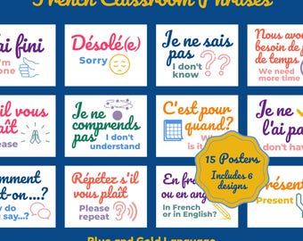 French Classroom Phrases Printable Poster Set ~ Colorful Class Decor, Decoration, Bulletin Board ~ Middle, High School ~ Instant Download