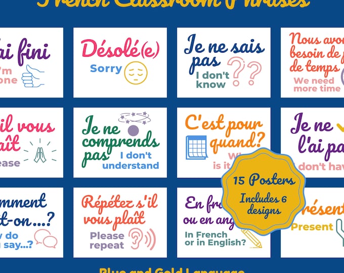 French Classroom Phrases Printable Poster Set ~ Colorful Class Decor, Decoration, Bulletin Board ~ Middle, High School ~ Instant Download