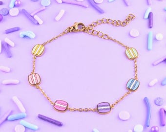 Rainbow Mini Macaron Bracelet ~ 18k Gold-Plated, Stainless Steel, Enamel ~ Sweet Dessert Food Jewelry ~ Pastry, Pastels, Kawaii ~ Waterproof