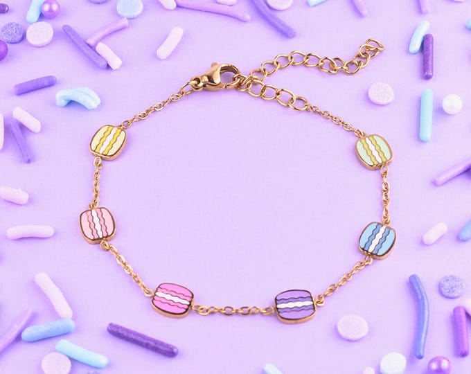 Rainbow Mini Macaron Bracelet ~ 18k Gold-Plated, Stainless Steel, Enamel ~ Sweet Dessert Food Jewelry ~ Pastry, Pastels, Kawaii ~ Waterproof