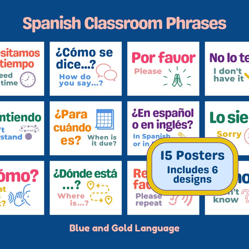Puede incluir: Un conjunto de 15 p&oacute;sters coloridos con frases de aula en espa&ntilde;ol. Los p&oacute;sters presentan ilustraciones y texto en espa&ntilde;ol e ingl&eacute;s. Los p&oacute;sters est&aacute;n dise&ntilde;ados para ayudar a los estudiantes a aprender frases b&aacute;sicas en espa&ntilde;ol.