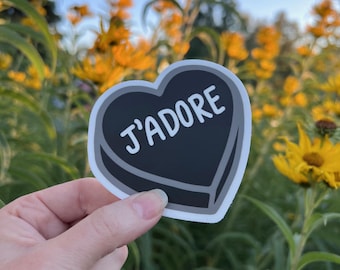 Sticker: "J'adore" ~ I love in French ~ Black, White, Gray Conversation Candy Heart ~ Goth, Gothic ~ Waterproof Weatherproof Vinyl Sticker