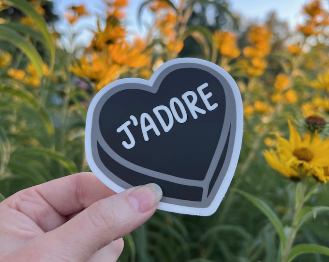 Sticker: "J'adore" ~ I love in French ~ Black, White, Gray Conversation Candy Heart ~ Goth, Gothic ~ Waterproof Weatherproof Vinyl Sticker
