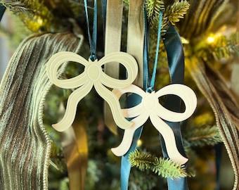 Bow Christmas Tree Ornament ~ Paris Collection ~ Coquette ~ Engraved Acrylic ~ Pastel Pink, Green ~ Neutral White, Cream, Tan Brown ~ Red
