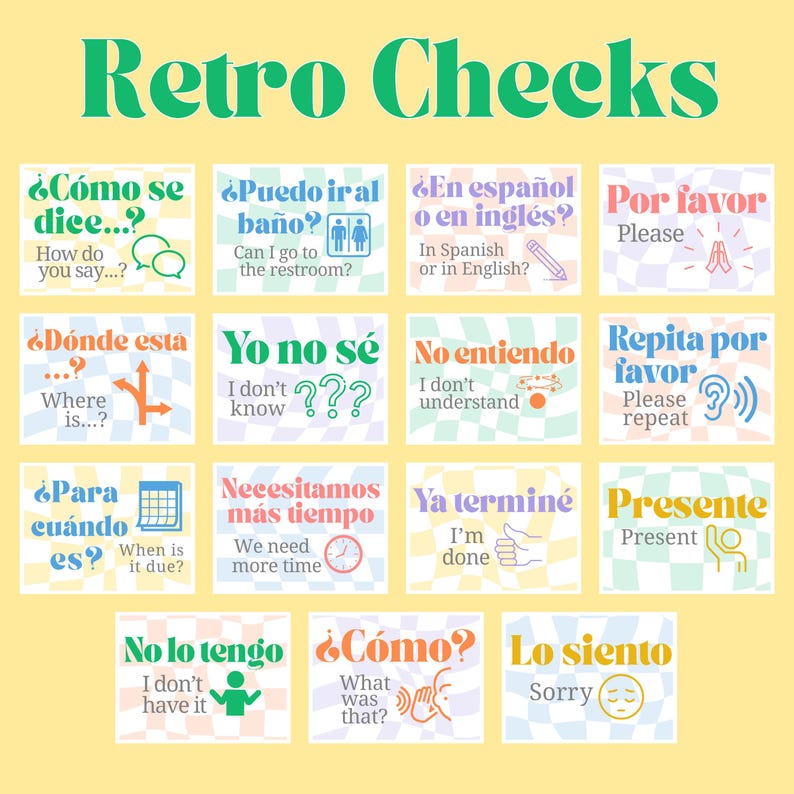 Puede incluir: Un conjunto de 12 tarjetas coloridas con frases en espa&ntilde;ol y traducciones al ingl&eacute;s. Las tarjetas presentan un patr&oacute;n de cuadros retro y varias ilustraciones. Las frases incluyen "&iquest;C&oacute;mo se dice...", "&iquest;Puedo ir al ba&ntilde;o?", "&iquest;En espa&ntilde;ol o en ingl&eacute;s?", "&iquest;D&oacute;nde est&aacute;...", "No lo s&eacute;", "No entiendo", "&iquest;Para cu&aacute;ndo es?", "Necesitamos m&aacute;s tiempo", "Ya termin&eacute;", "Presente", "No lo tengo", "&iquest;C&oacute;mo?", "Lo siento".