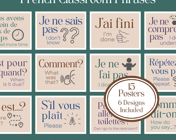 French Classroom Phrases Poster Set ~ Boho, Neutrals, Minimal ~ Downloadable, Printable ~ Class Decor, Bulletin Board, Teacher Resource