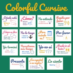 May include: Colorful flashcards with Spanish phrases and English translations. Each card features a different color and a simple illustration. The phrases include greetings, questions, and common expressions.