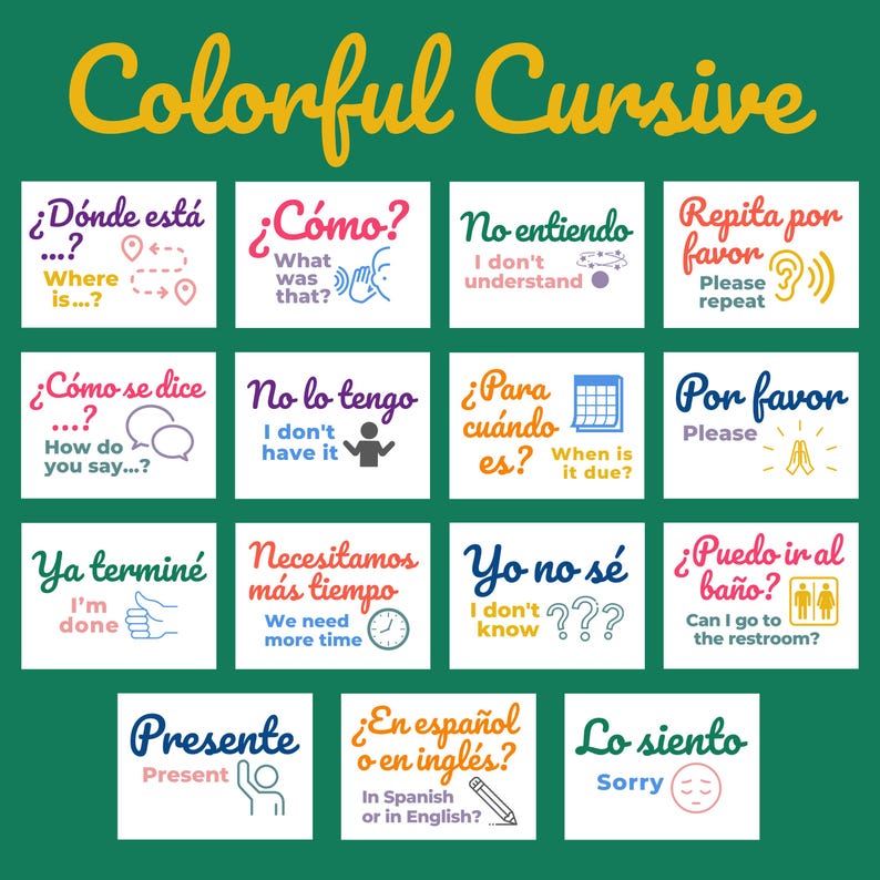 May include: Colorful flashcards with Spanish phrases and English translations. Each card features a different color and a simple illustration. The phrases include greetings, questions, and common expressions.