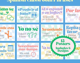 Spanish Classroom Phrases Posters ~ Bulletin Board Printables ~ Pastels and Retro Checks, Checkered, Groovy, Rainbow, Colorful ~ Class Decor