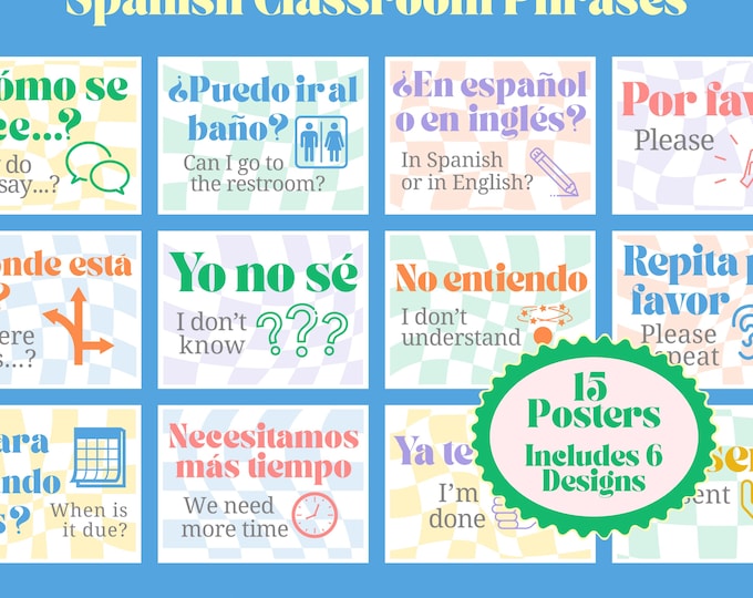 Spanish Classroom Phrases Posters ~ Bulletin Board Printables ~ Pastels and Retro Checks, Checkered, Groovy, Rainbow, Colorful ~ Class Decor