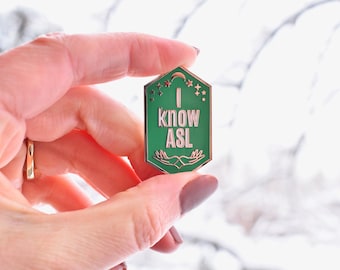 Enamel Pin: "I know ASL" ~ Framed by Stars, Moon, and Outline of Two Hands ~ Deaf ~ Hard of Hearing ~ American Sign Language ~ I use ASL