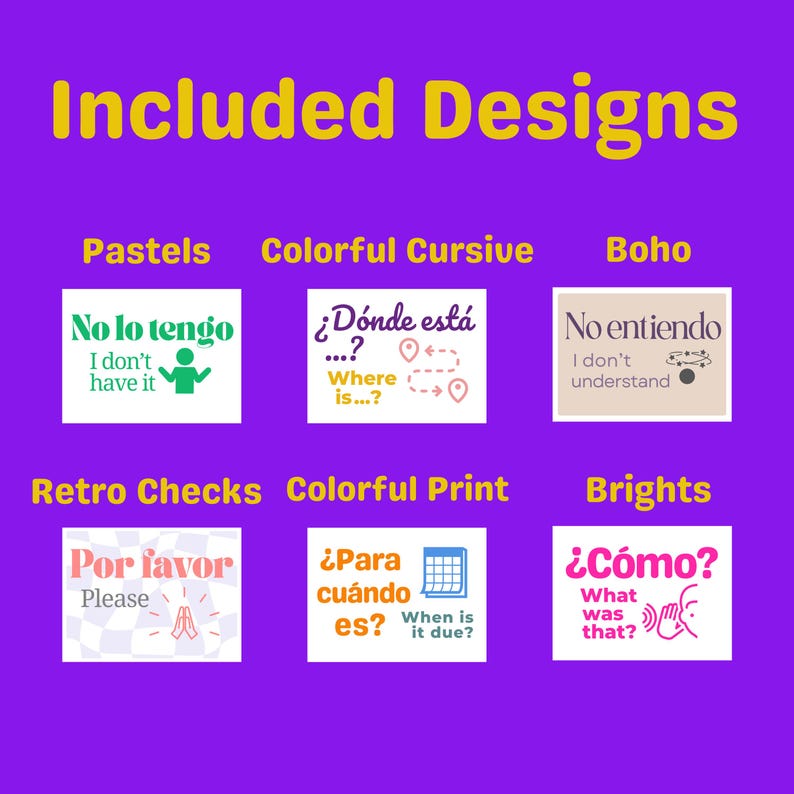 Puede incluir: Un conjunto de 10 flashcards imprimibles en espa&ntilde;ol con dise&ntilde;os coloridos. Las flashcards presentan frases como "No lo tengo" (No lo tengo), "&iquest;D&oacute;nde est&aacute;...?" (&iquest;D&oacute;nde est&aacute;...?) y "&iquest;C&oacute;mo?" (&iquest;Qu&eacute; fue eso?).