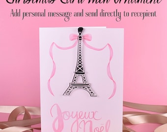 Christmas Card & Ornament ~ Personalize ~ Eiffel Tower Mirror Acrylic ~ Gold, Silver, Rose ~ Pink Bow ~ Joyeux Noël French Paris ~ Coquette