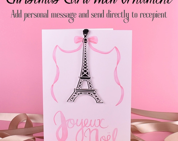 Christmas Card & Ornament ~ Personalize ~ Eiffel Tower Mirror Acrylic ~ Gold, Silver, Rose ~ Pink Bow ~ Joyeux Noël French Paris ~ Coquette