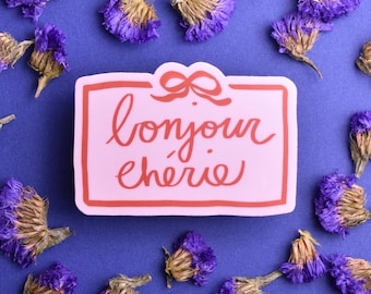 Sticker: "Bonjour chérie" ~ "Hello dear" in French ~ Pink and Red with Bow ~ Hand Lettering ~ France, Paris